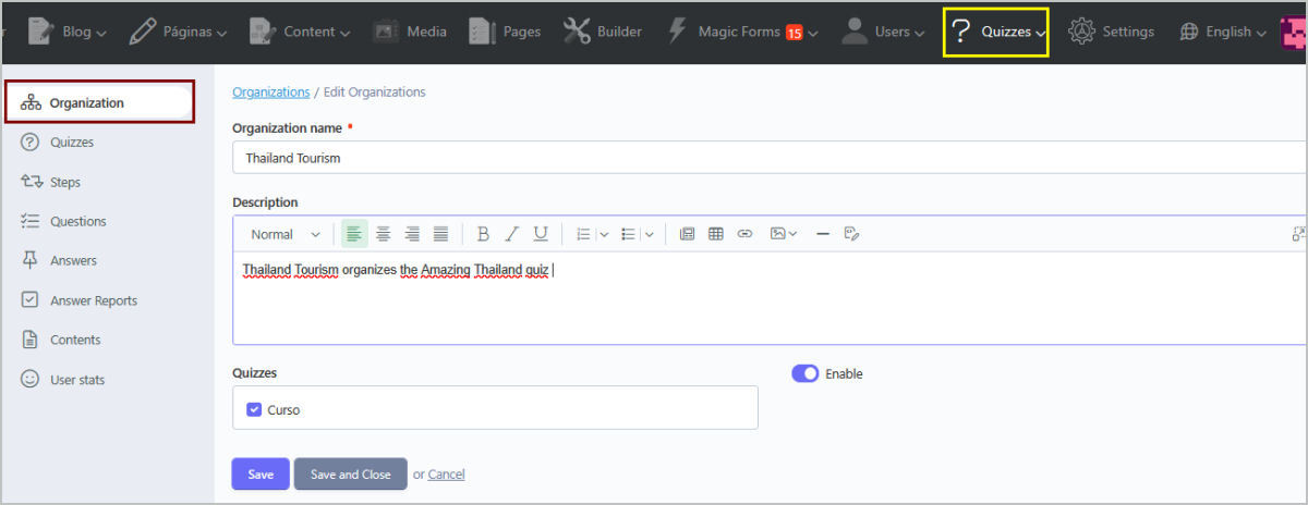 Online QuizManager Back Office Management of a quiz - organization details Online QuizManager Back Office Management of a quiz - organization details
