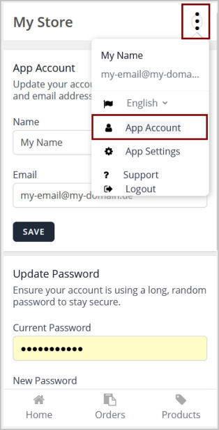 epages Now Mobile Administration App change account details epages Now Mobile Administration App change account details